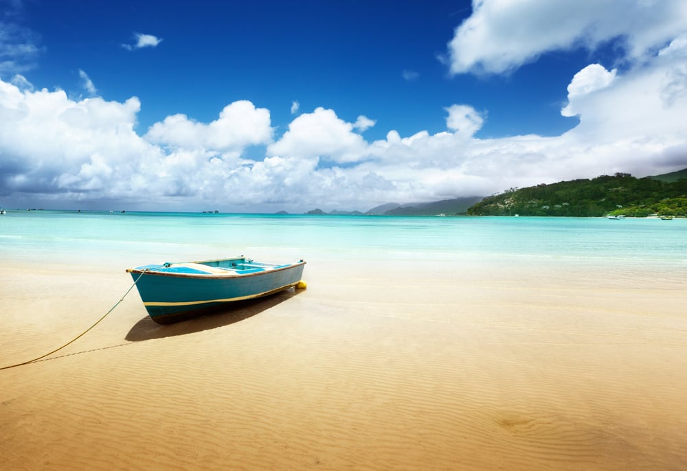 boat on beach Mahe island, Seychelles boat on beach Mahe island, Seychelles